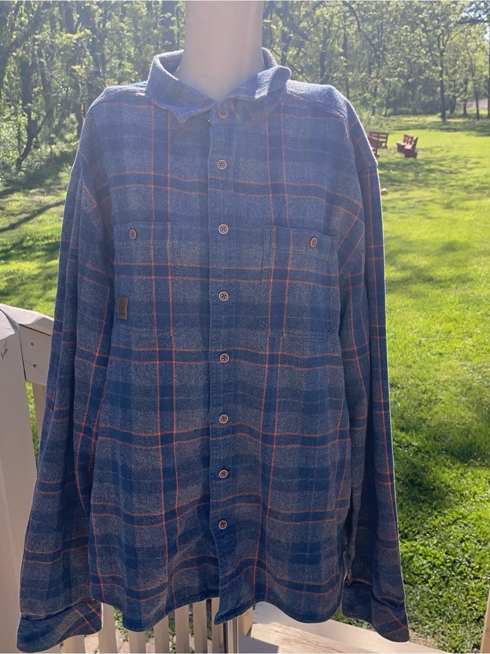 Kavu Blue Plaid Button-Down Shirt with Orange Accents